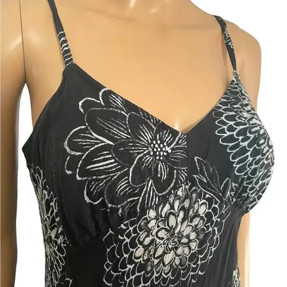 Vintage Jams World Asymmetric Dress Womens XS Black Floral Spaghetti Strap Midi - Picture 3 of 11